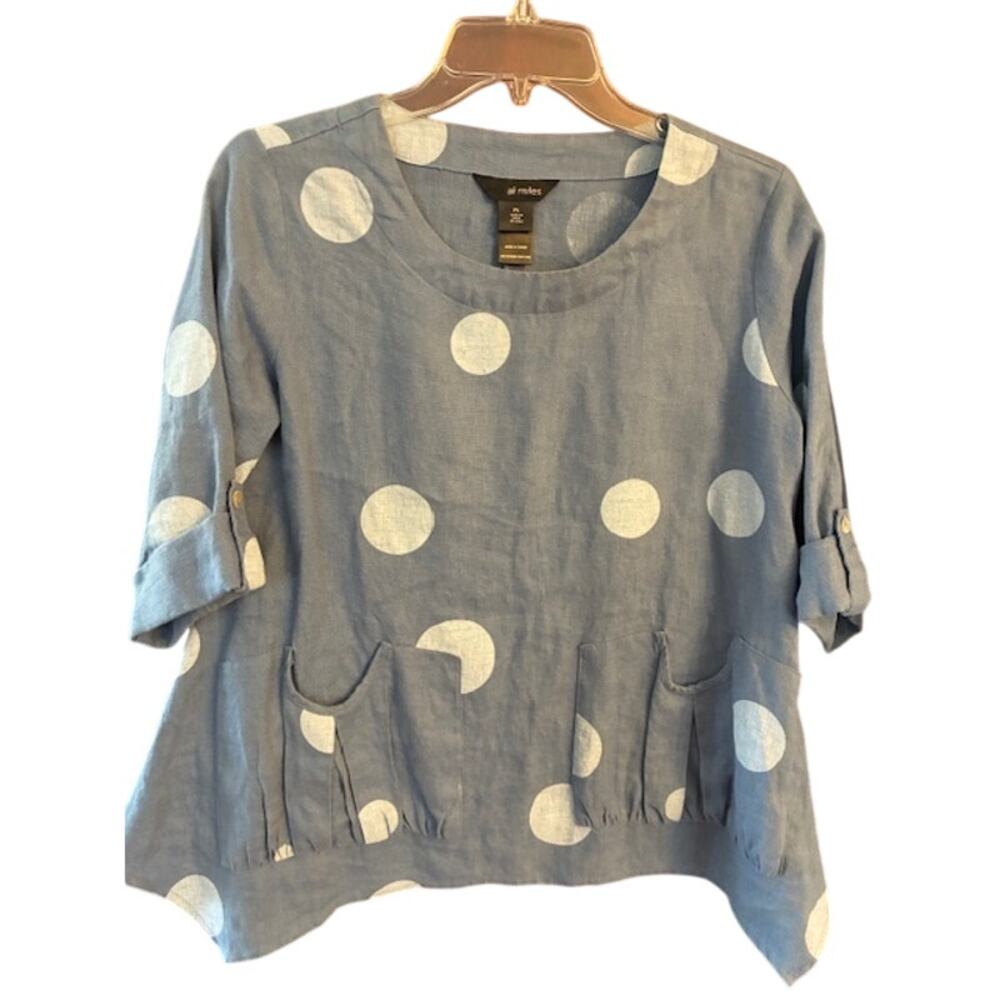 Ali Miles 100% Linen Blue Polka Dot Tunic Top Blouse Lagenlook Pockets Small P